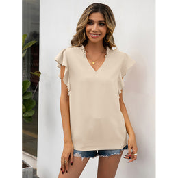 Beige V-Neck Flutter Sleeves Regular Top