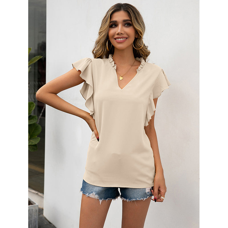 Beige V-Neck Flutter Sleeves Regular Top