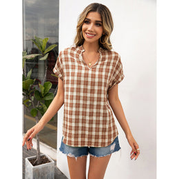 Khaki Checked Mandarin Collar Extended Sleeves Regular Longline Top
