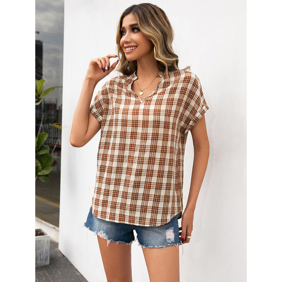 Khaki Checked Mandarin Collar Extended Sleeves Regular Longline Top