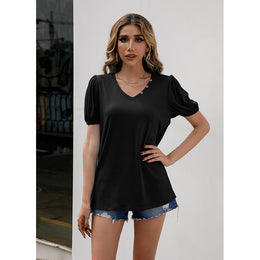 Black V-Neck Puff Sleeve Regular Tops