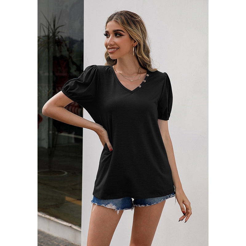 Black V-Neck Puff Sleeve Regular Tops