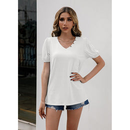 White V-Neck Puff Sleeves Regular Top