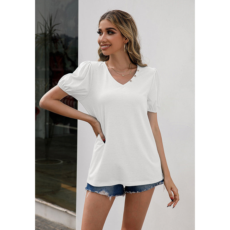 White V-Neck Puff Sleeves Regular Top