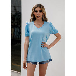 Blue V-Neck Puff Sleeve Regular Tops