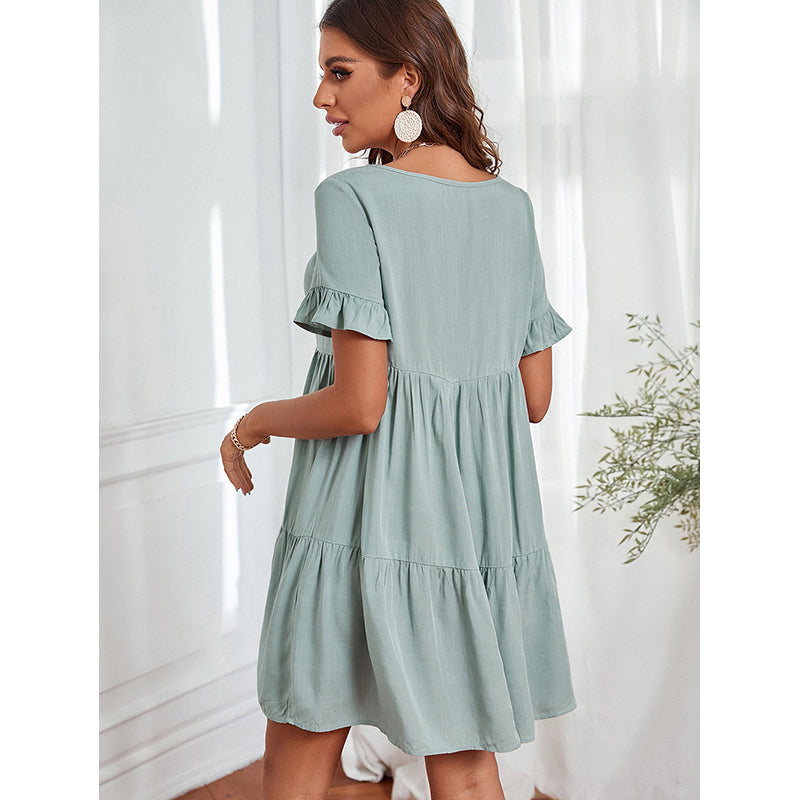 Green Flounce Hem Ruffles Tiered Fit & Flare Dress