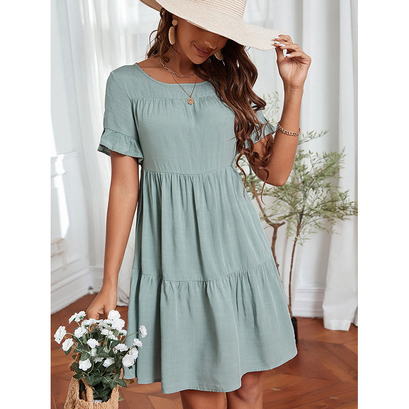 Green Flounce Hem Ruffles Tiered Fit & Flare Dress