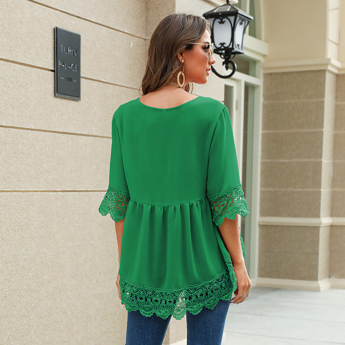 Green V-Neck Lace Detail Empire Top