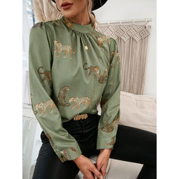 Conversational Printed High Neck Cuffed Sleeves Top