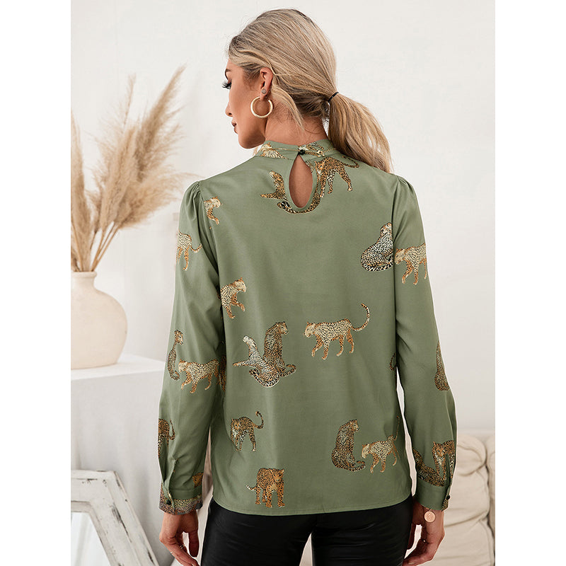 Conversational Printed High Neck Cuffed Sleeves Top