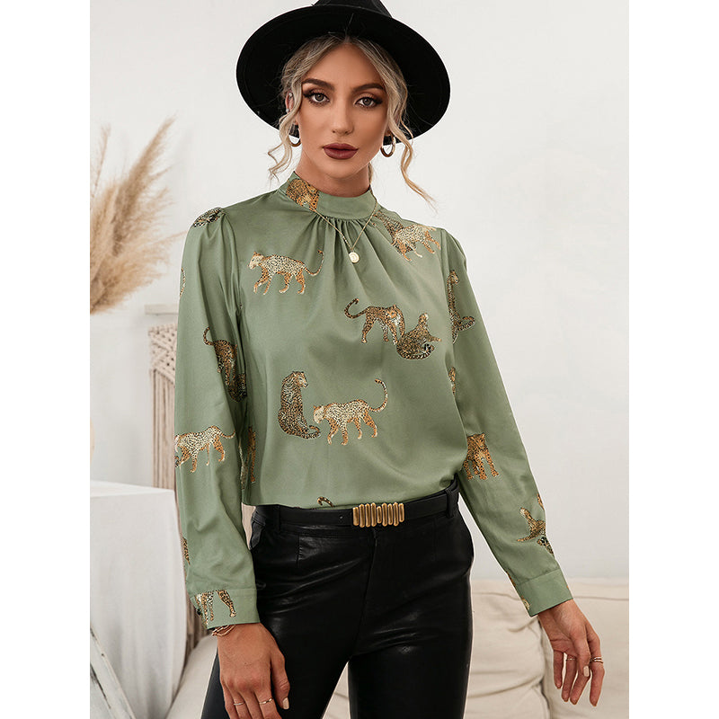 Conversational Printed High Neck Cuffed Sleeves Top
