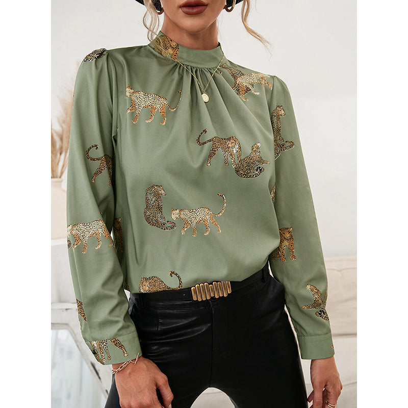 Conversational Printed High Neck Cuffed Sleeves Top
