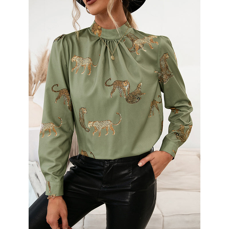 Conversational Printed High Neck Cuffed Sleeves Top