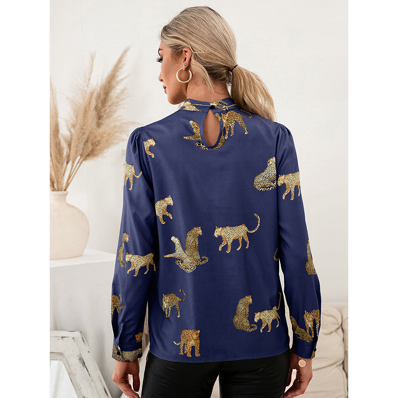 Blue Animal Printed High Neck Top
