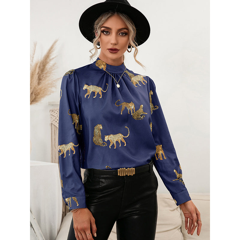 Blue Animal Printed High Neck Top