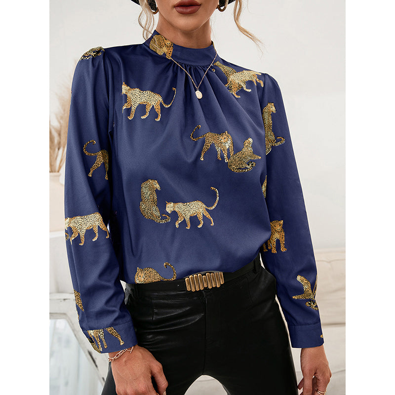 Blue Animal Printed High Neck Top
