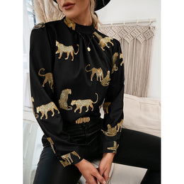 Animal Printed Cuffed Sleeves High Neck Top