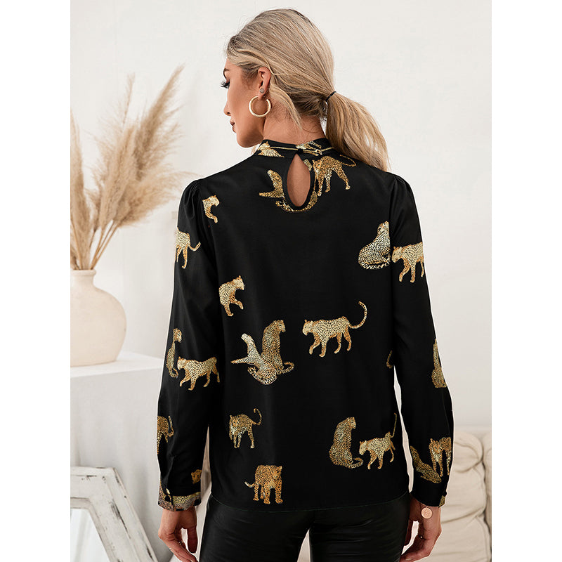 Animal Printed Cuffed Sleeves High Neck Top