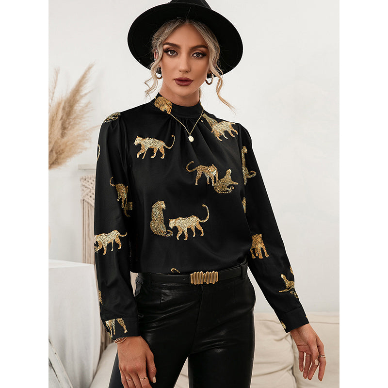Animal Printed Cuffed Sleeves High Neck Top