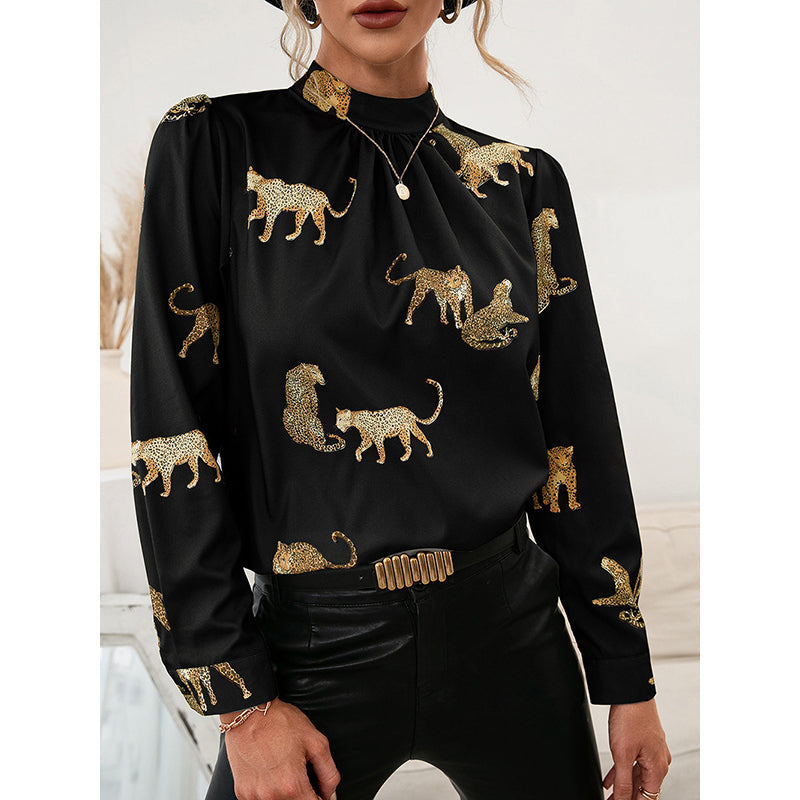 Animal Printed Cuffed Sleeves High Neck Top