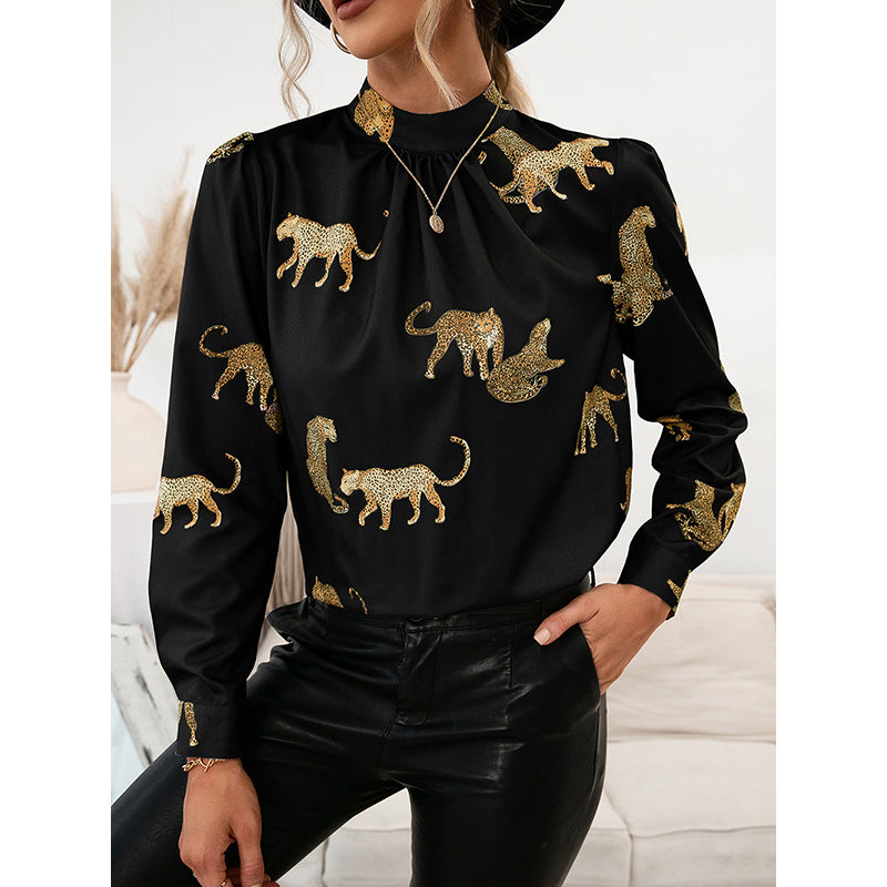 Animal Printed Cuffed Sleeves High Neck Top