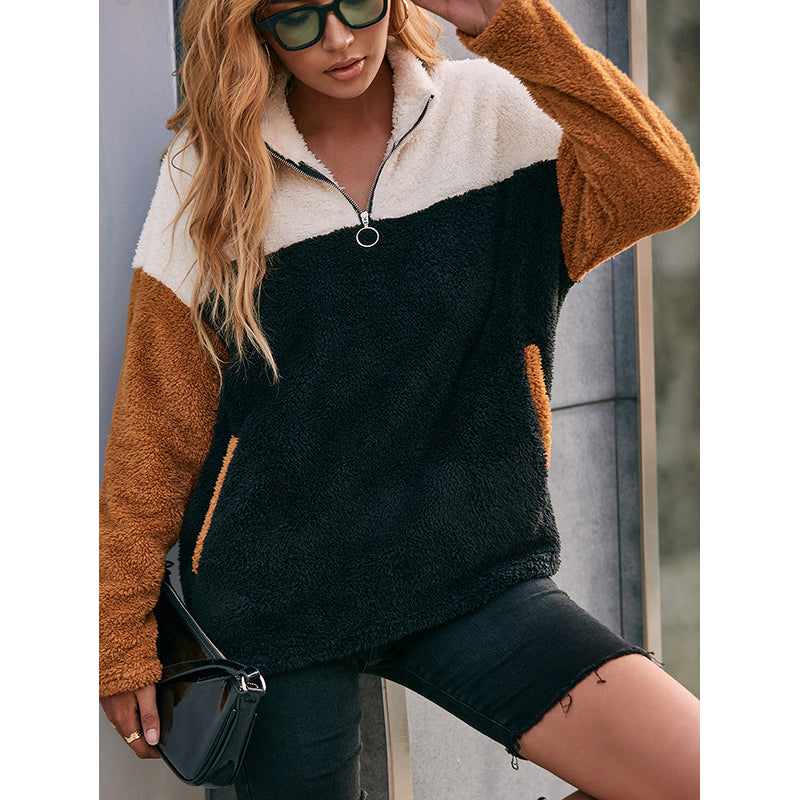 Black Colourblocked Shirt Collar Sweatshirt
