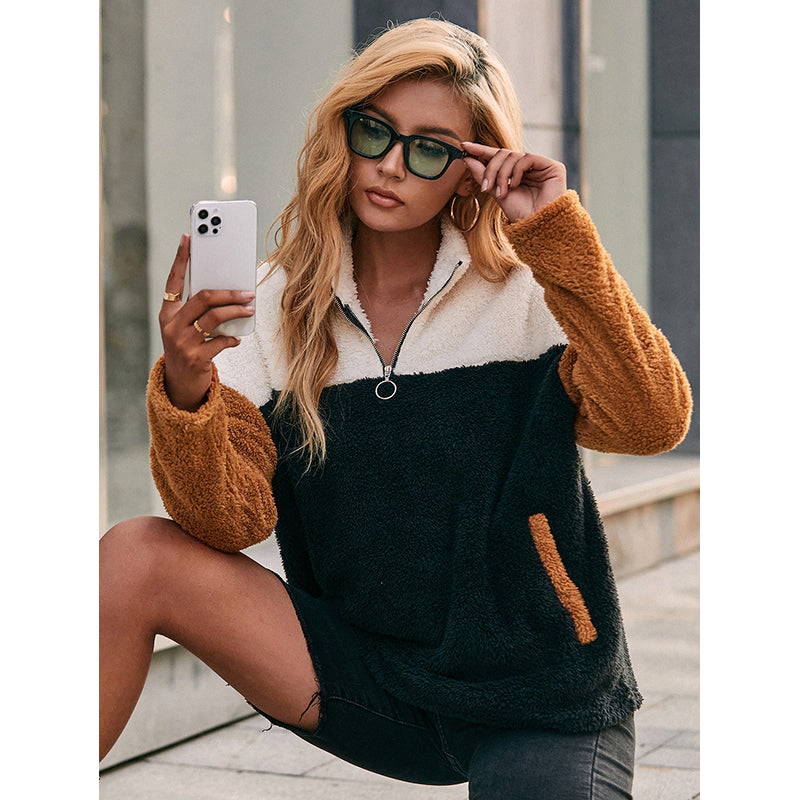 Black Colourblocked Shirt Collar Sweatshirt