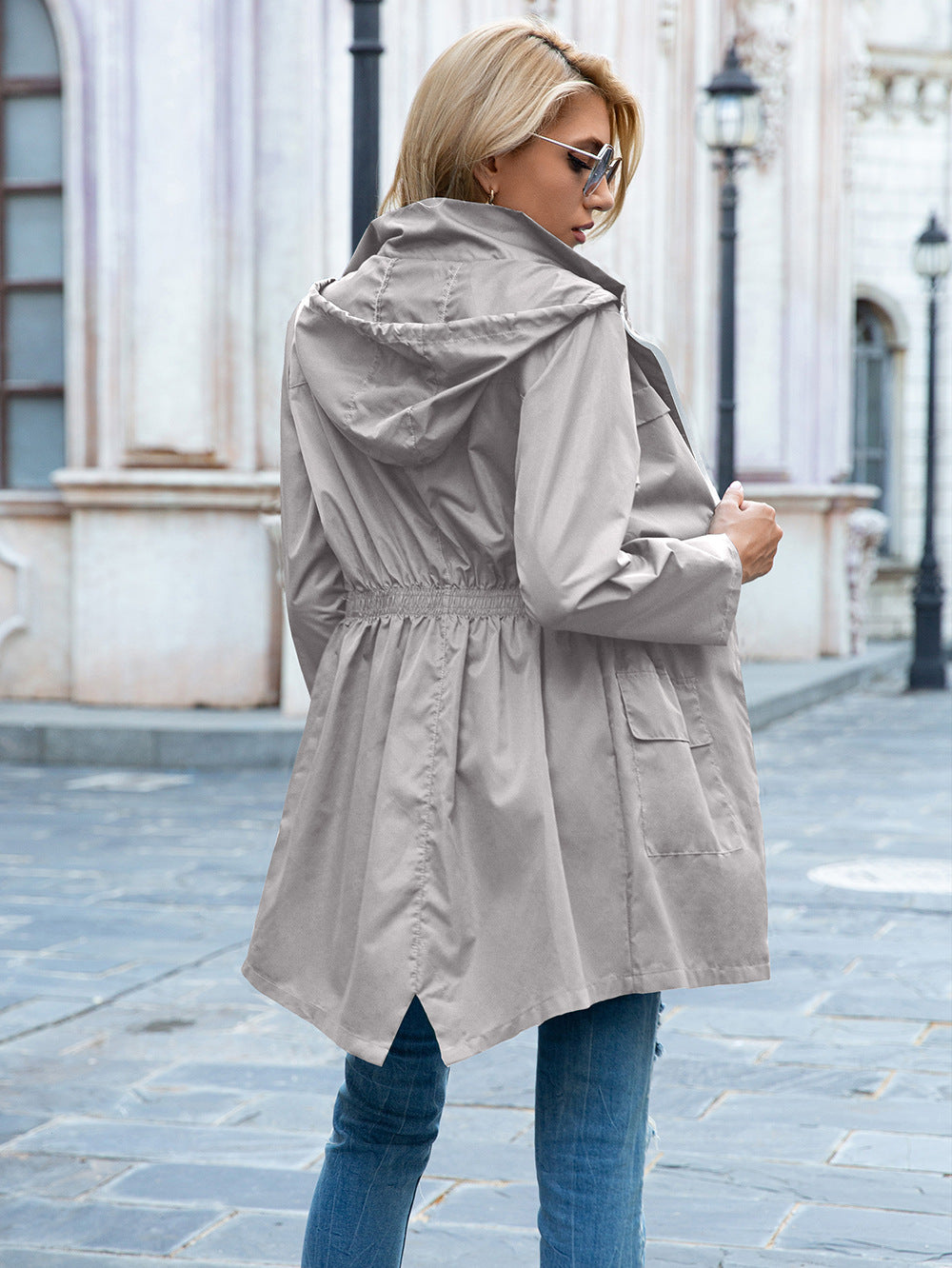 Women Grey Longline Hooded Tailored Jacket