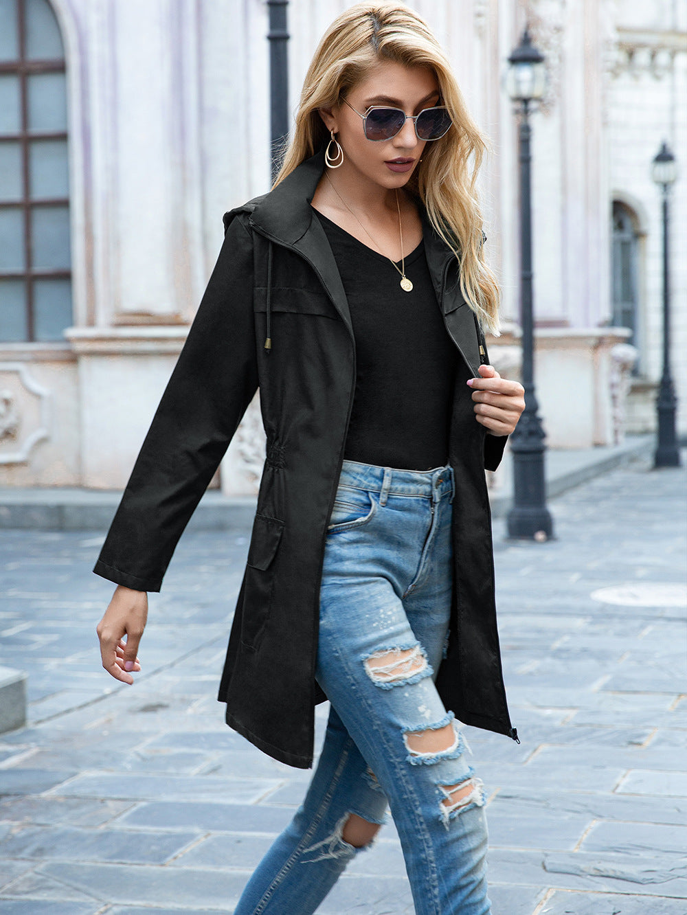 Women Black Longline Hooded Parka Jacket