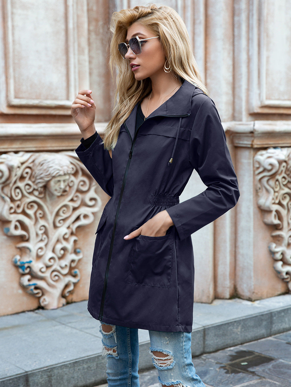 Women Navy Blue Longline Tailored Jacket