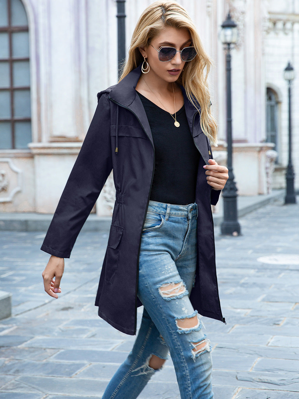 Women Navy Blue Longline Tailored Jacket