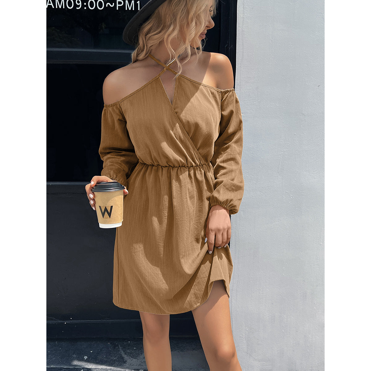 Khaki Gathered Tie-Up Neck Cold-Shoulder Warp Dress