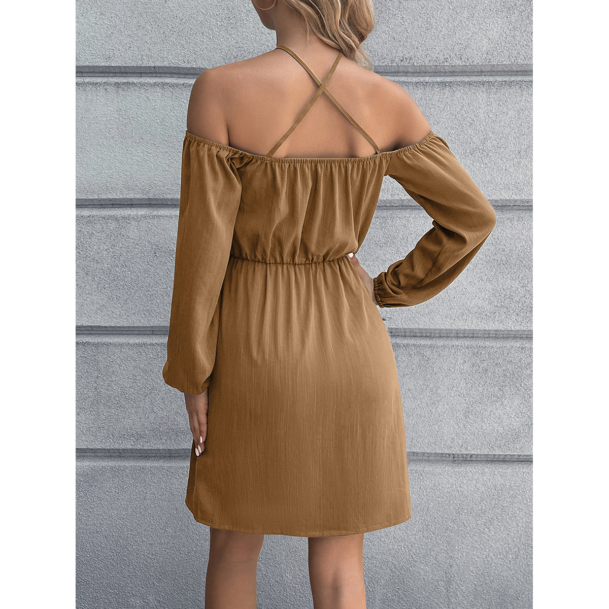 Khaki Gathered Tie-Up Neck Cold-Shoulder Warp Dress