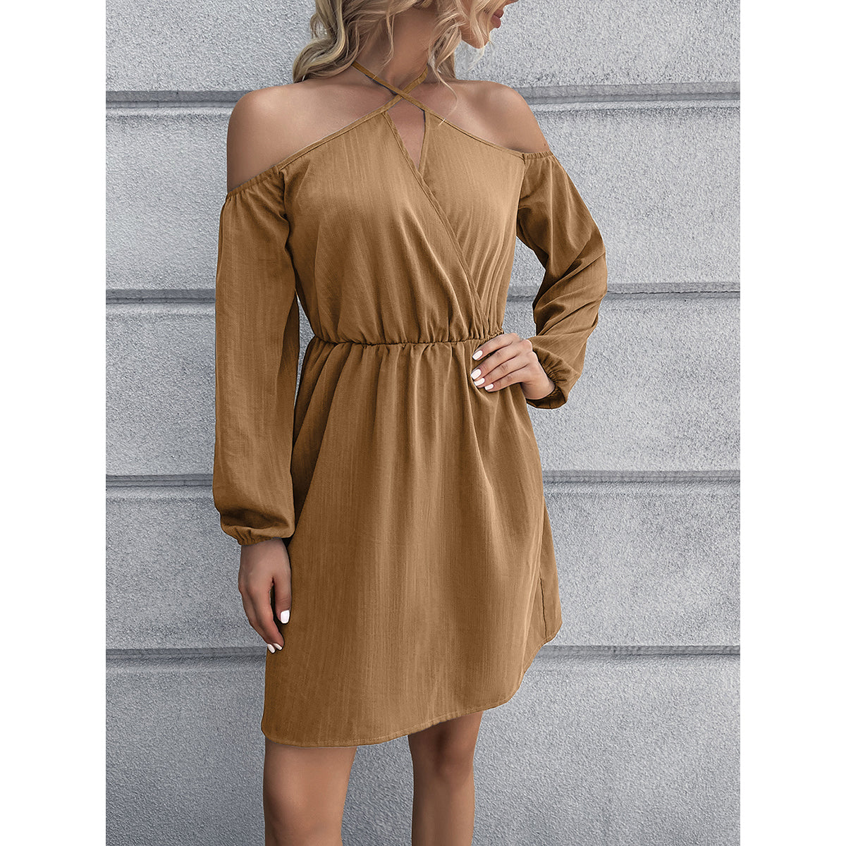 Khaki Gathered Tie-Up Neck Cold-Shoulder Warp Dress
