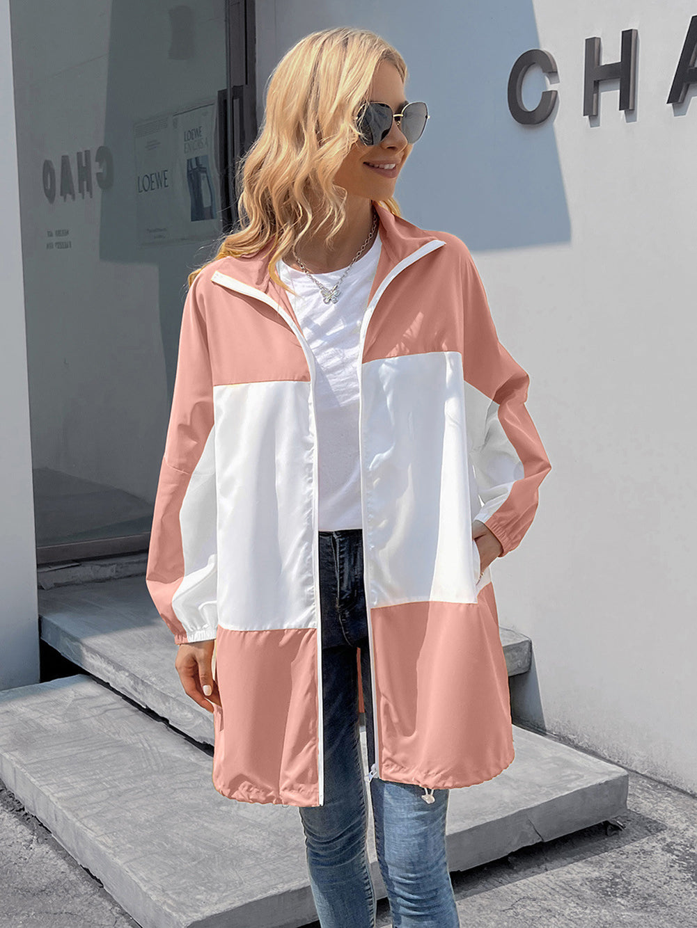 Women Pink & White Colourblocked Longline Parka Jacket