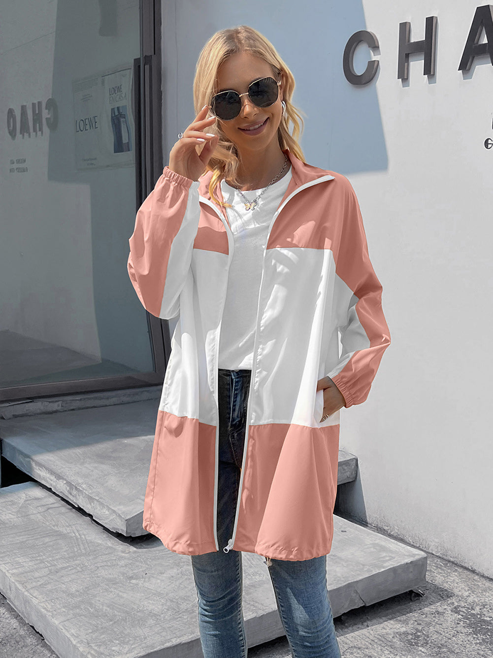 Women Pink & White Colourblocked Longline Parka Jacket