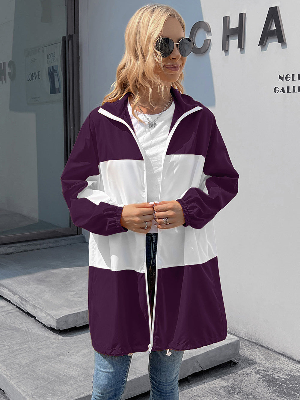 Women Purple Colourblocked Longline Open Front Jacket