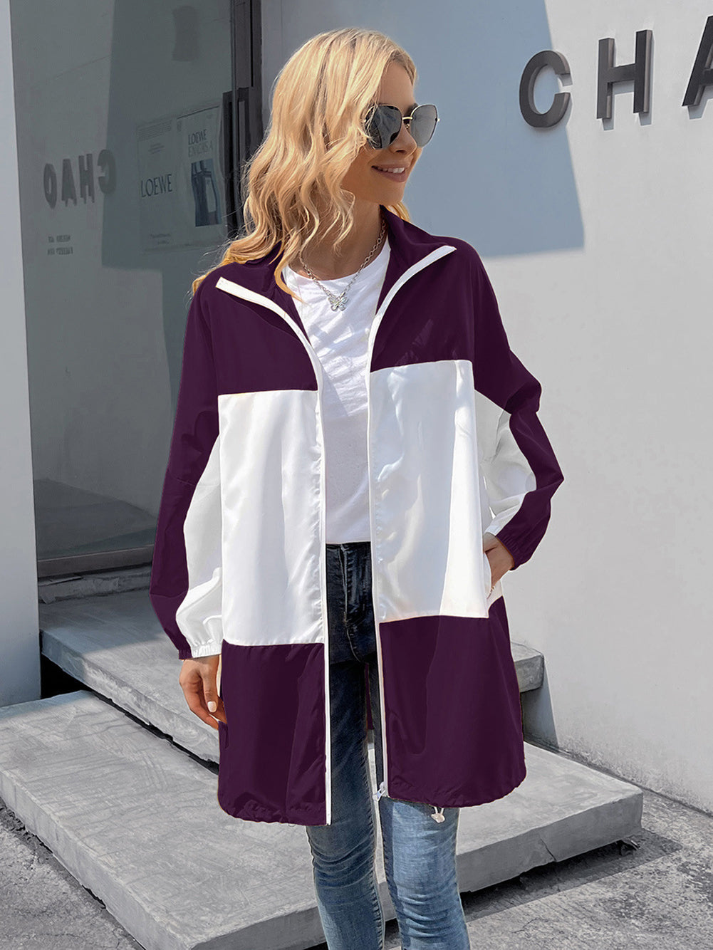 Women Purple Colourblocked Longline Open Front Jacket