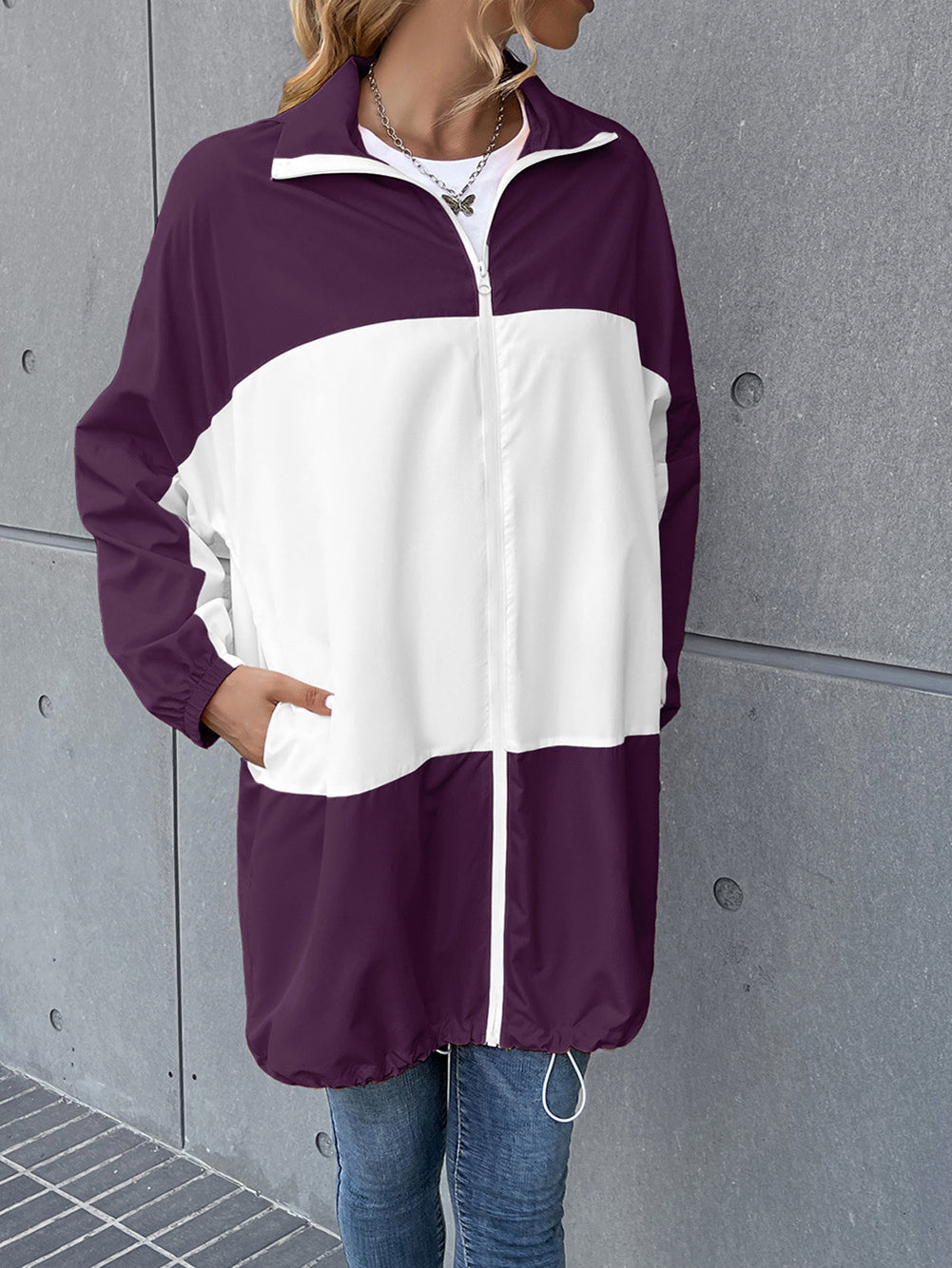Women Purple Colourblocked Longline Open Front Jacket