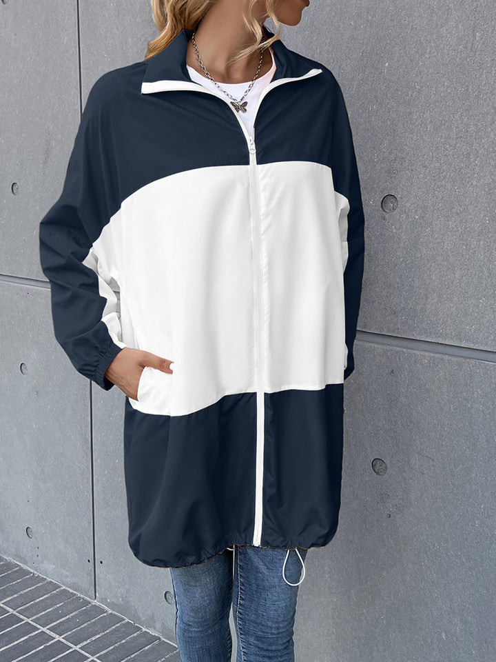 Women Navy Blue White Colourblocked Longline Tailored Jacket