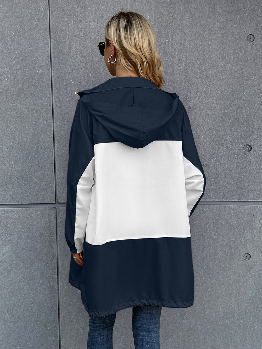 Women Navy Blue White Colourblocked Longline Tailored Jacket