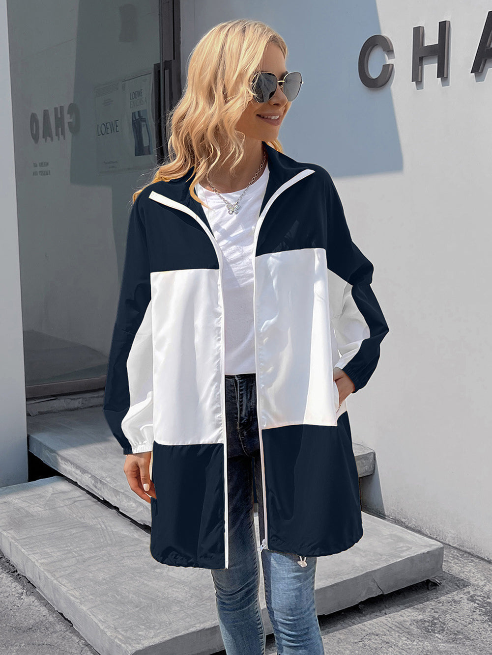 Women Navy Blue White Colourblocked Longline Tailored Jacket