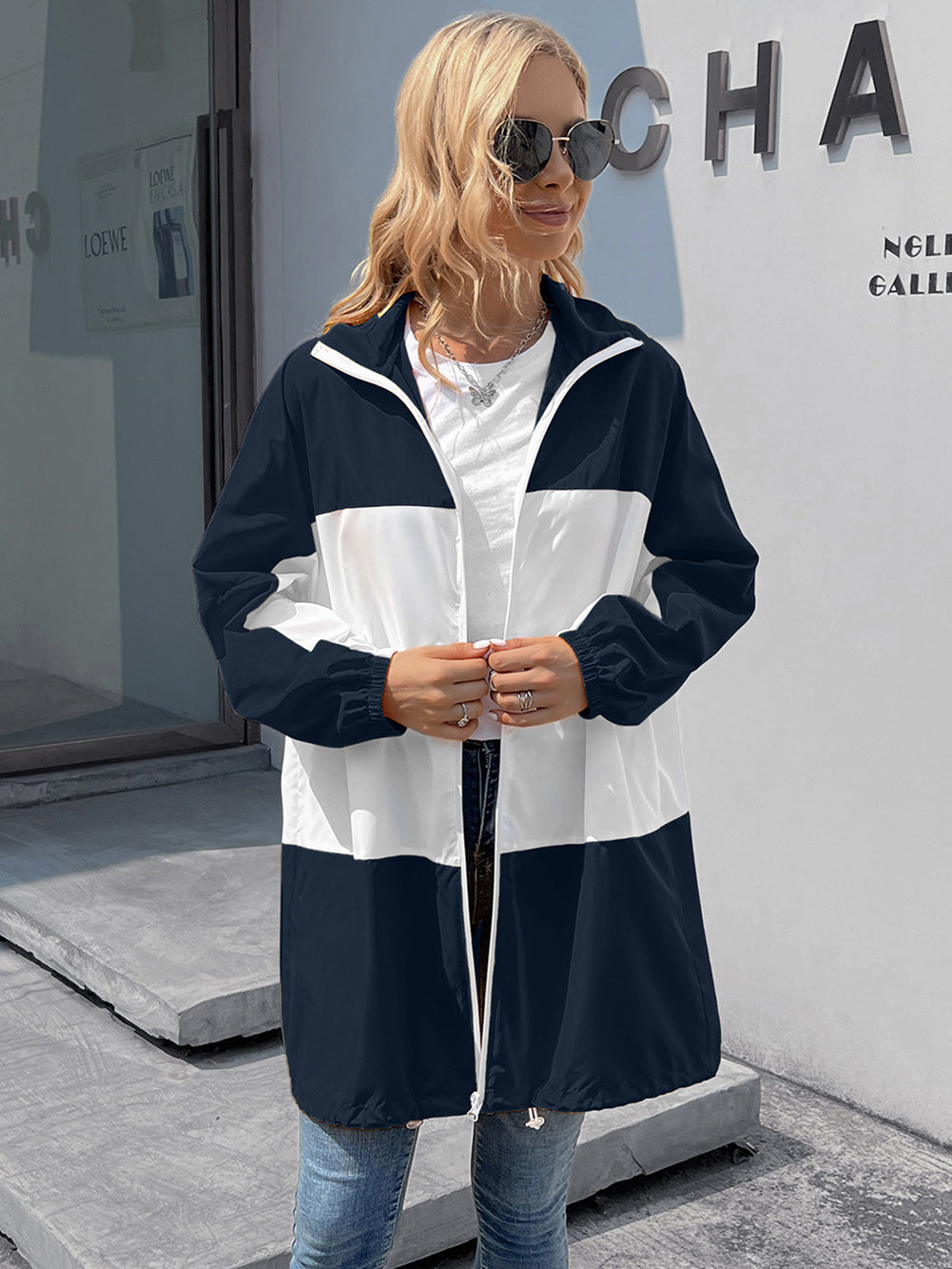 Women Navy Blue White Colourblocked Longline Tailored Jacket