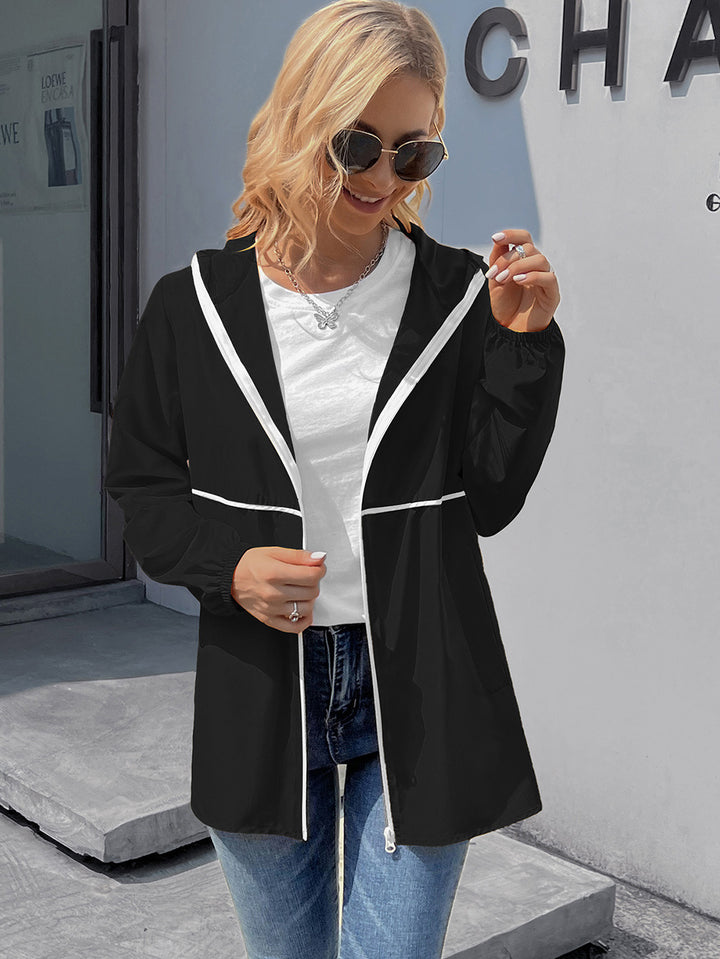 Women Black & White Solid Polyester Hooded Tailored Jacket