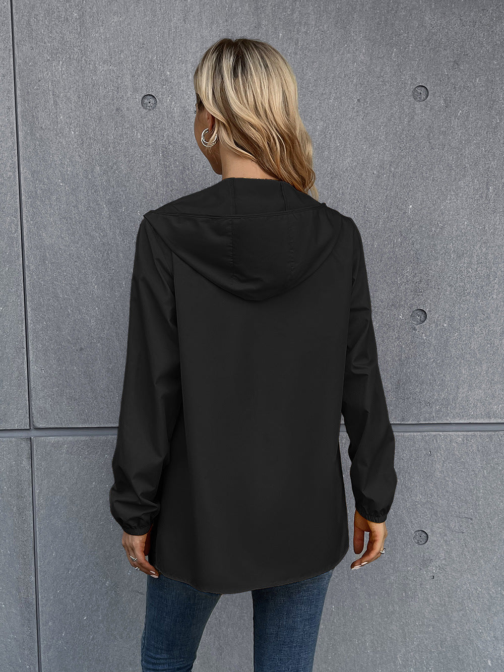 Women Black & White Solid Polyester Hooded Tailored Jacket