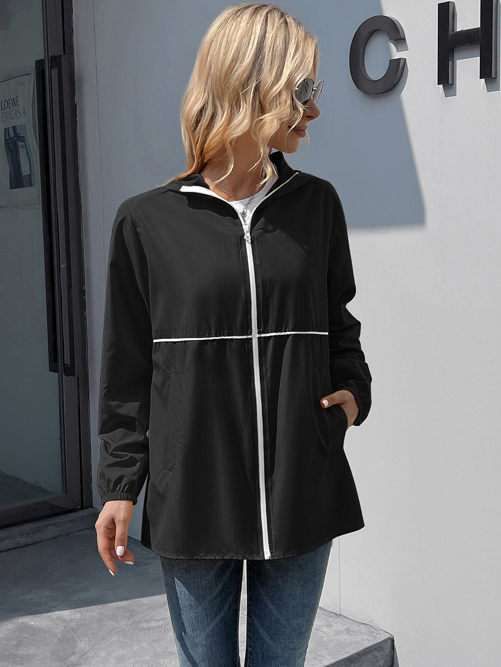 Women Black & White Solid Polyester Hooded Tailored Jacket