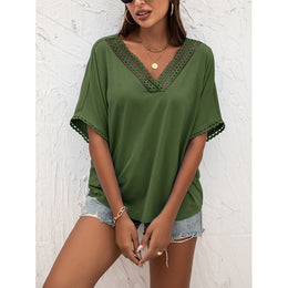 Green V-Neck Extended Sleeves Regular Top