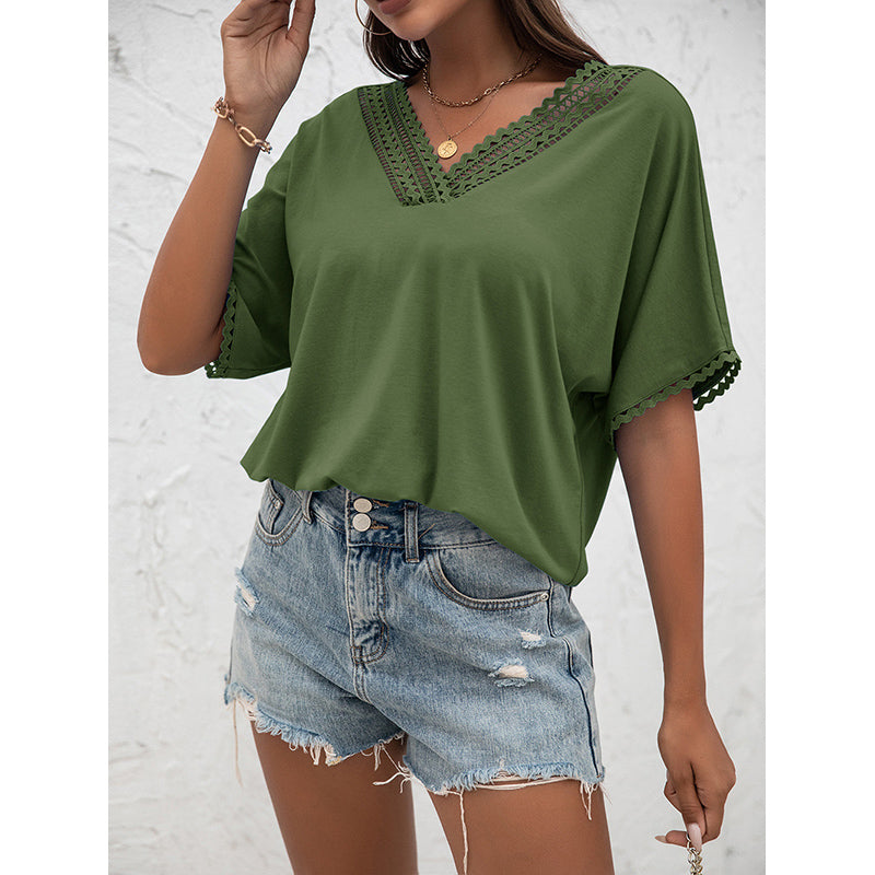 Green V-Neck Extended Sleeves Regular Top