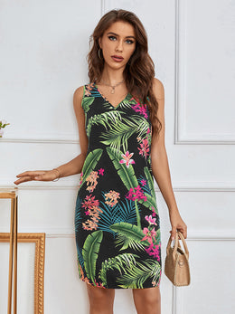 Green & Black Tropical Print A-Line Dress