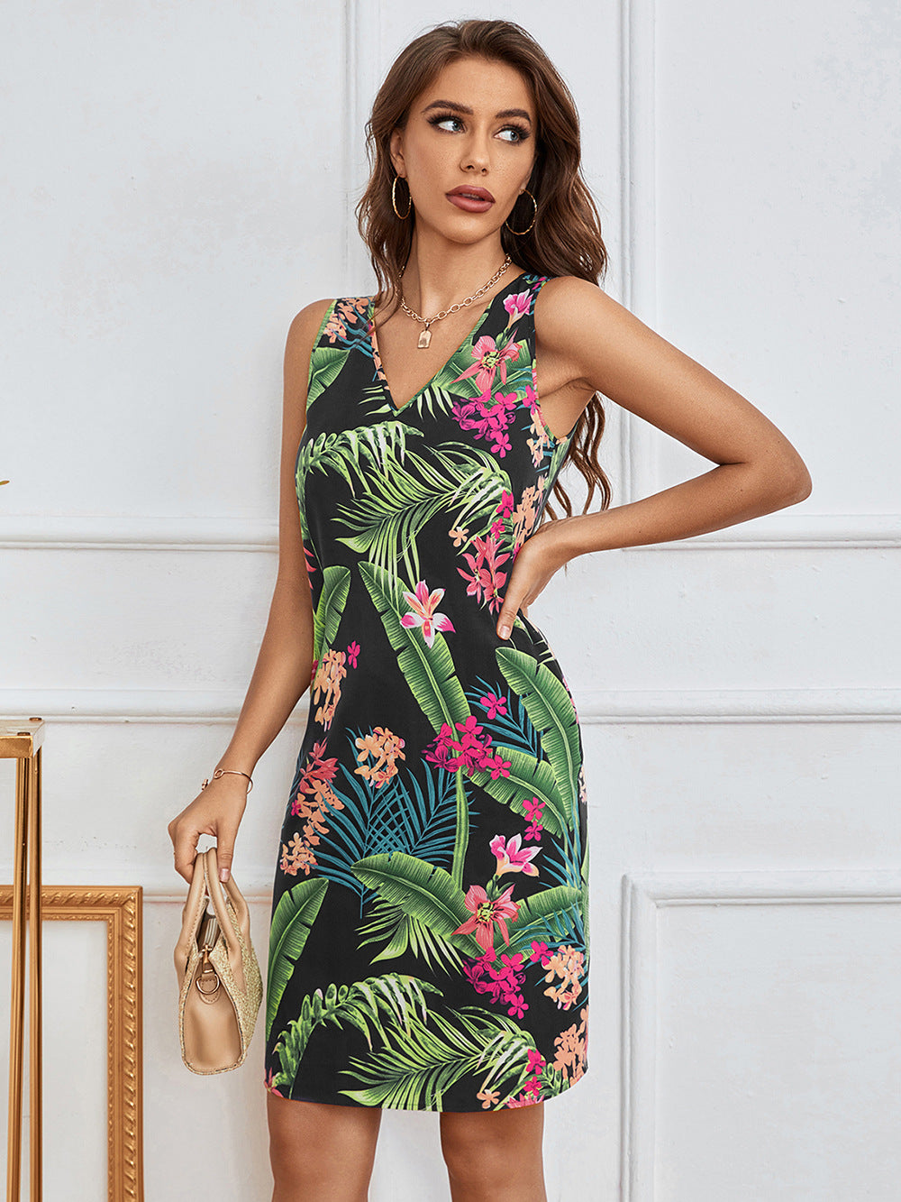 Green & Black Tropical Print A-Line Dress